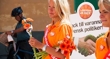 Delar ut blommor i Visby. Foto: Region Gotland